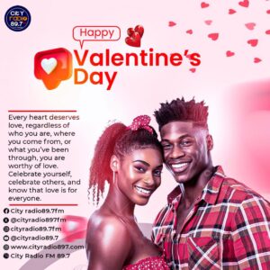 Happy Valentine's Day from City radio 89.7fm Onitsha. Today and every day, we celebrate the beauty of love and connection in all its forms. Whether it's romantic, familial, or friendship, love brings us closer together. Tune in with your loved ones and enjoy our special Valentine's Day playlist, filled with heartfelt songs and dedications. Wishing you a day filled with joy, kindness, and love.